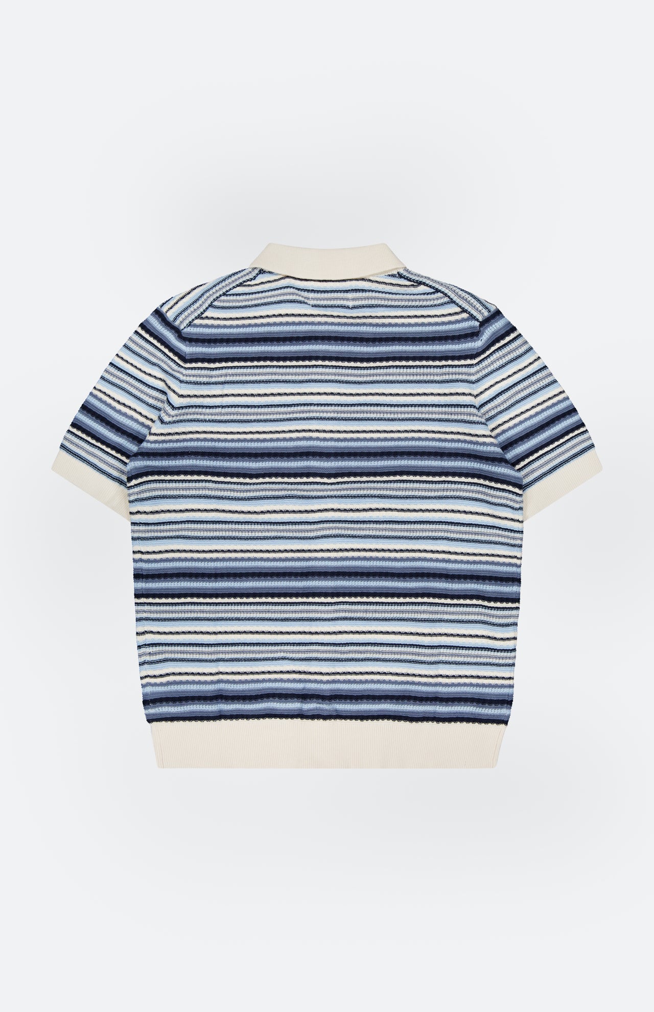 The NN07 Nolan Polo Short Sleeve Cardigan Sweater features blue knit with navy and white stripes, cream collar, hem, and cuffs. Made from 100% cotton for a modern-casual look. Shown flat on a white background.