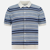 The NN07 Nolan Polo Short Sleeve Cardigan Sweater features blue, navy, and white horizontal stripes with a white collar, cuffs, and hem—crafted from 100% cotton for a modern-casual look.