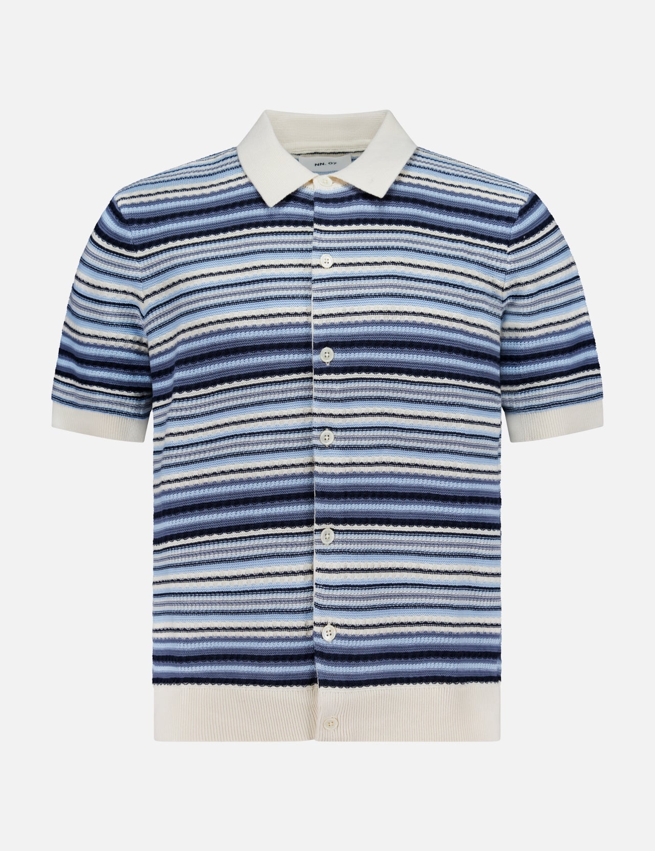 The NN07 Nolan Polo Short Sleeve Cardigan Sweater features blue, navy, and white horizontal stripes with a white collar, cuffs, and hem—crafted from 100% cotton for a modern-casual look.