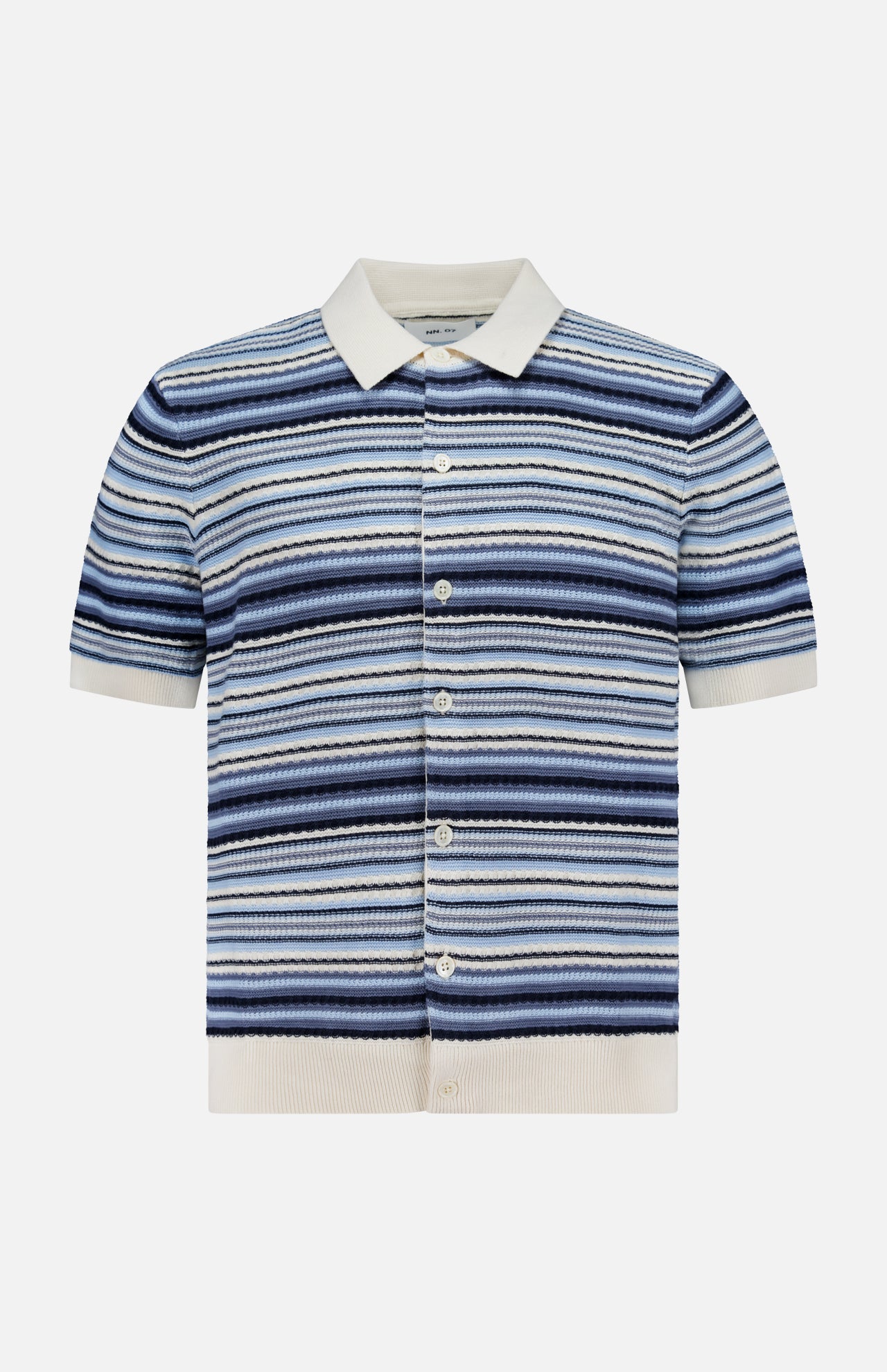 The NN07 Nolan Polo Short Sleeve Cardigan Sweater features blue, navy, and white horizontal stripes with a white collar, cuffs, and hem—crafted from 100% cotton for a modern-casual look.