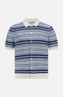 The NN07 Nolan Polo Short Sleeve Cardigan Sweater features blue, navy, and white horizontal stripes with a white collar, cuffs, and hem—crafted from 100% cotton for a modern-casual look.