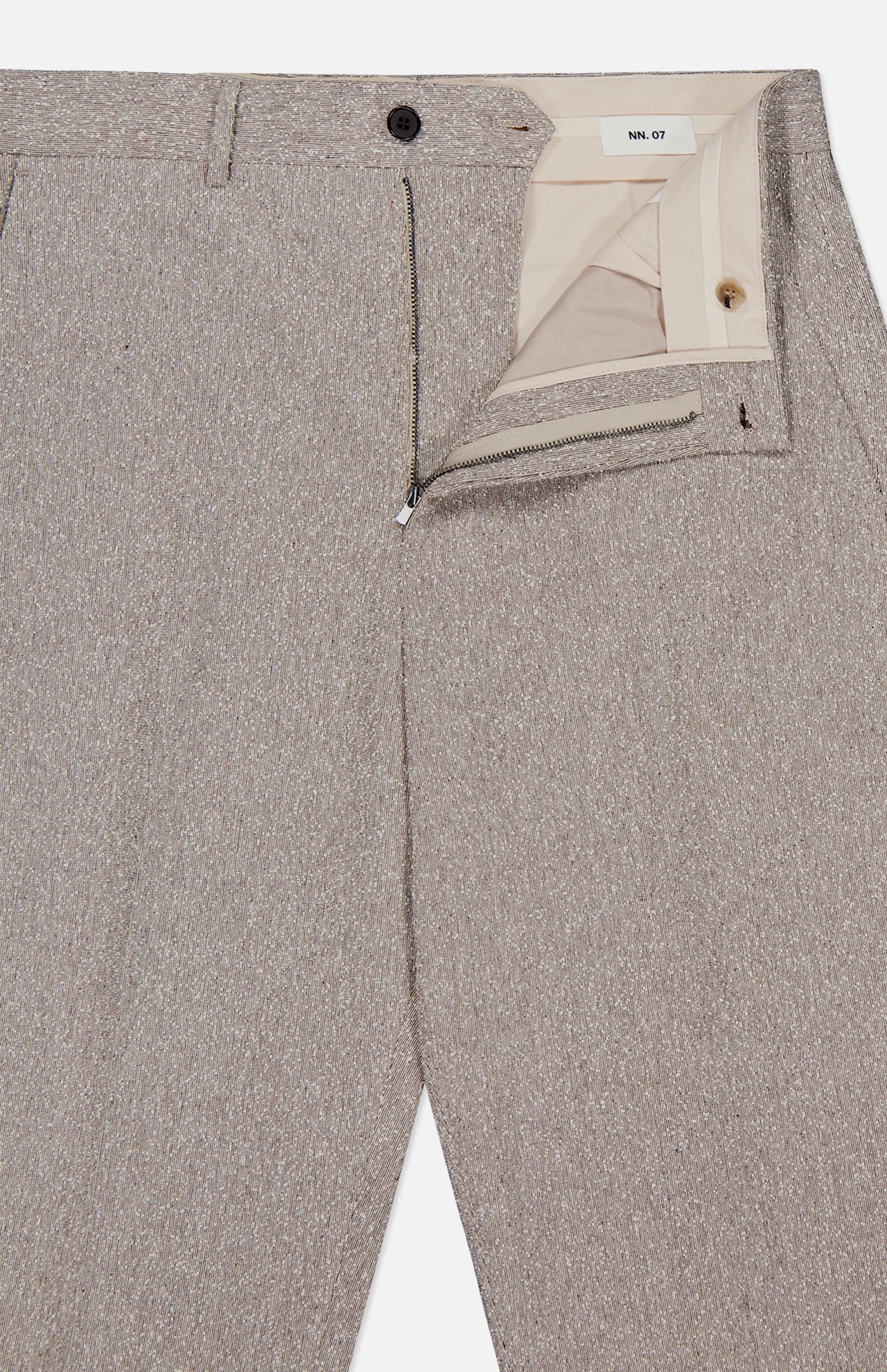 Close-up of NN07’s Paw Italian Boucle Trouser Pant in light grey, featuring a partially open waistband that reveals the zipper, black button, and beige lining—a modern-casual essential.