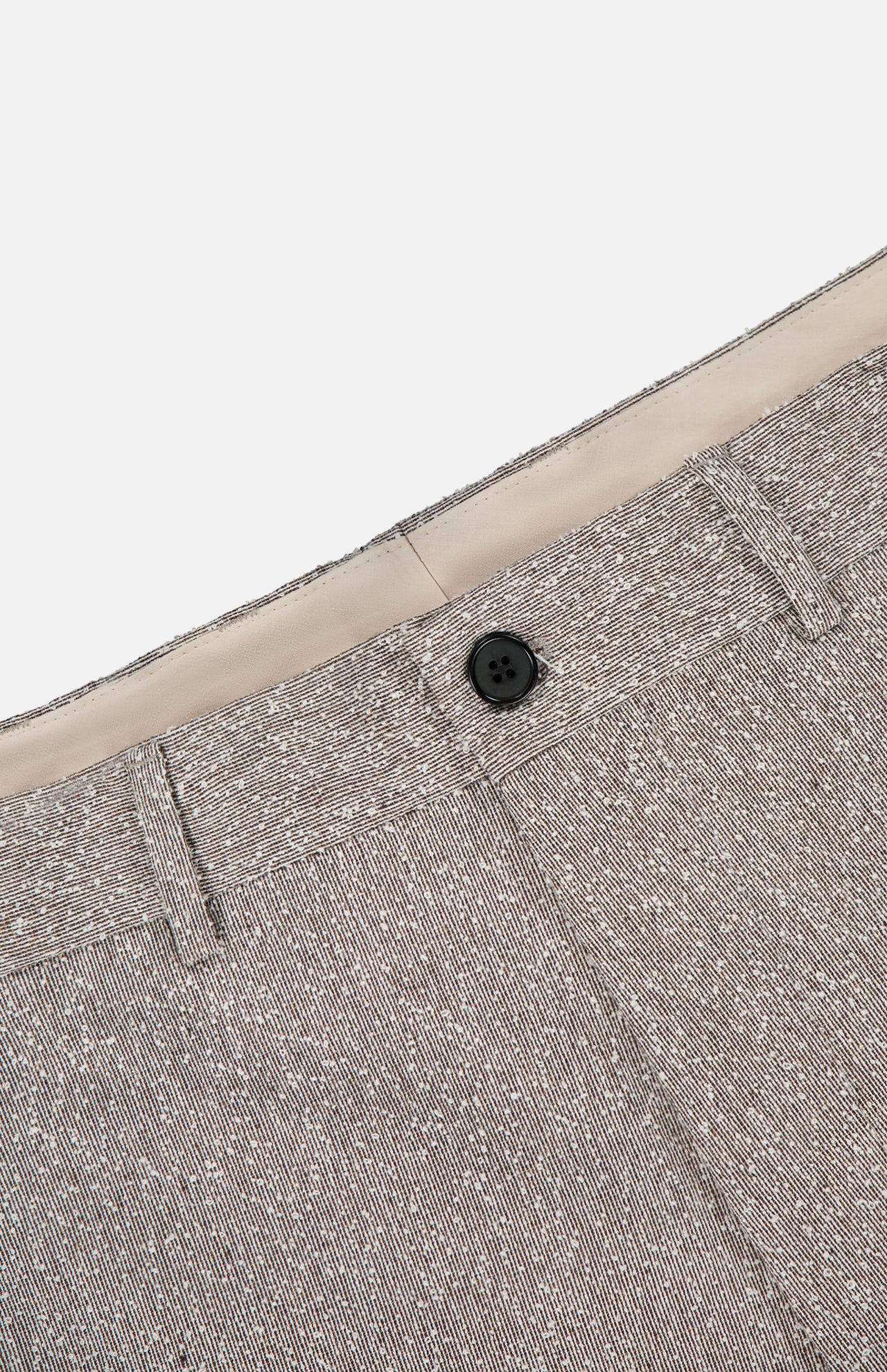 Close-up of NN07 Paw Italian Boucle Trouser Pant in textured, light brown fabric with thin white stripes, black button, belt loops, and beige lining—ideal for a modern-casual look.
