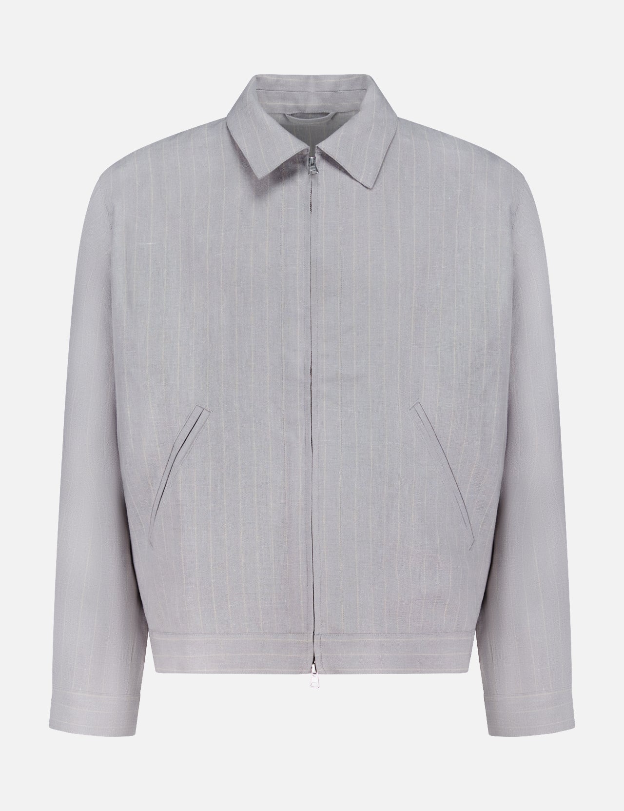The NN07 Petrus Striped Linen Jacket is a light grey, long-sleeve European linen jacket with vertical pinstripes, front zipper, two angled pockets, classic collar, and straight cuffs, shown on a plain white background.
