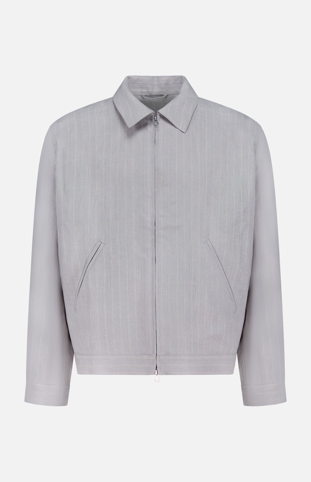 The NN07 Petrus Striped Linen Jacket is a light grey, long-sleeve European linen jacket with vertical pinstripes, front zipper, two angled pockets, classic collar, and straight cuffs, shown on a plain white background.