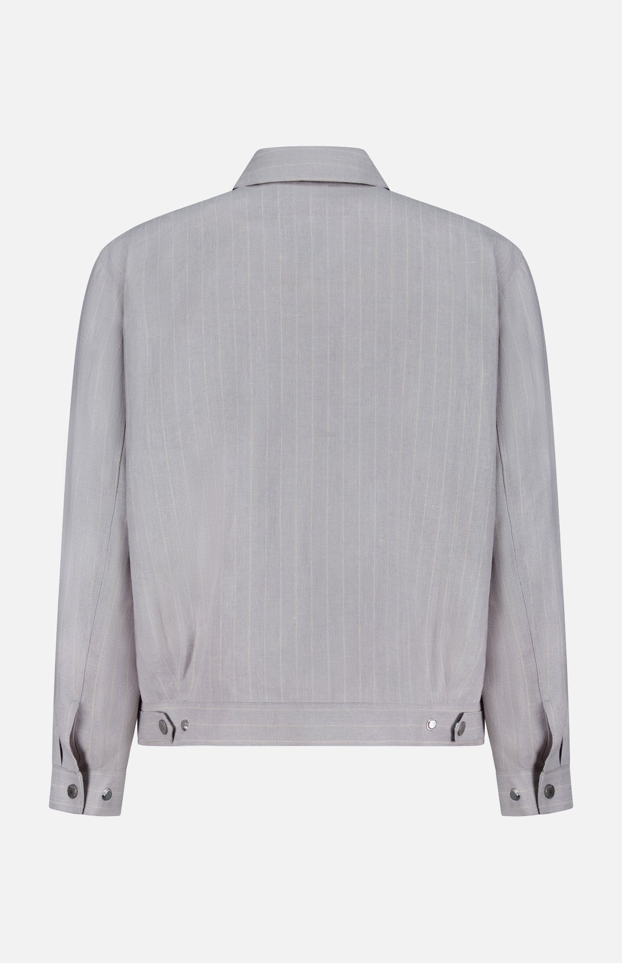 Back view of the NN07 Petrus Striped Linen Jacket in light gray, featuring subtle vertical pinstripes, a classic collar, buttoned cuffs, and adjustable button tabs at the waistband.