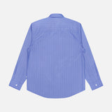 The NN07 Quinsy APP Striped Shirt features thin white yarn-dyed vertical stripes on a light blue, long-sleeve button-up design, shown from the back against a plain white background.
