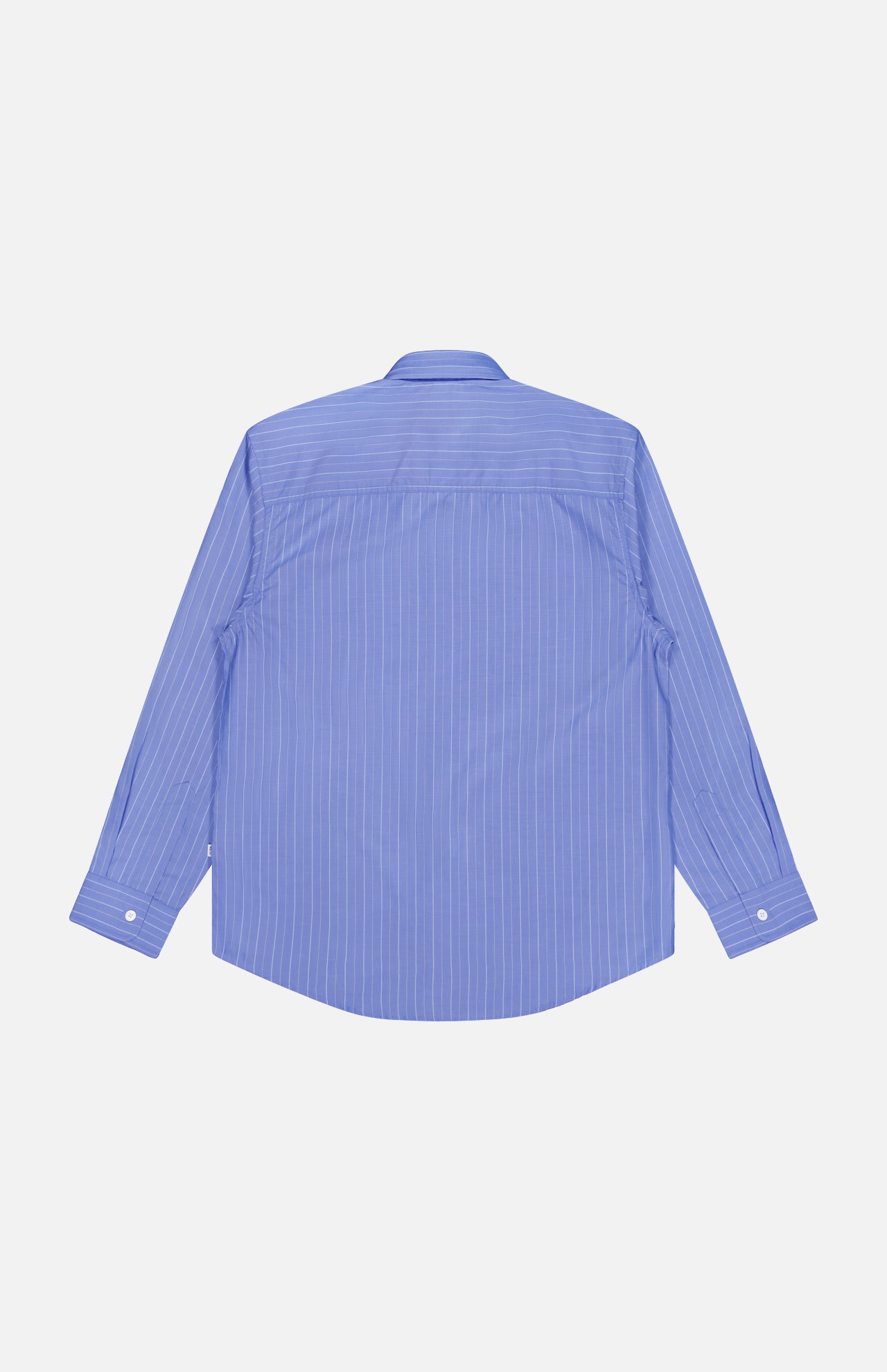 The NN07 Quinsy APP Striped Shirt features thin white yarn-dyed vertical stripes on a light blue, long-sleeve button-up design, shown from the back against a plain white background.