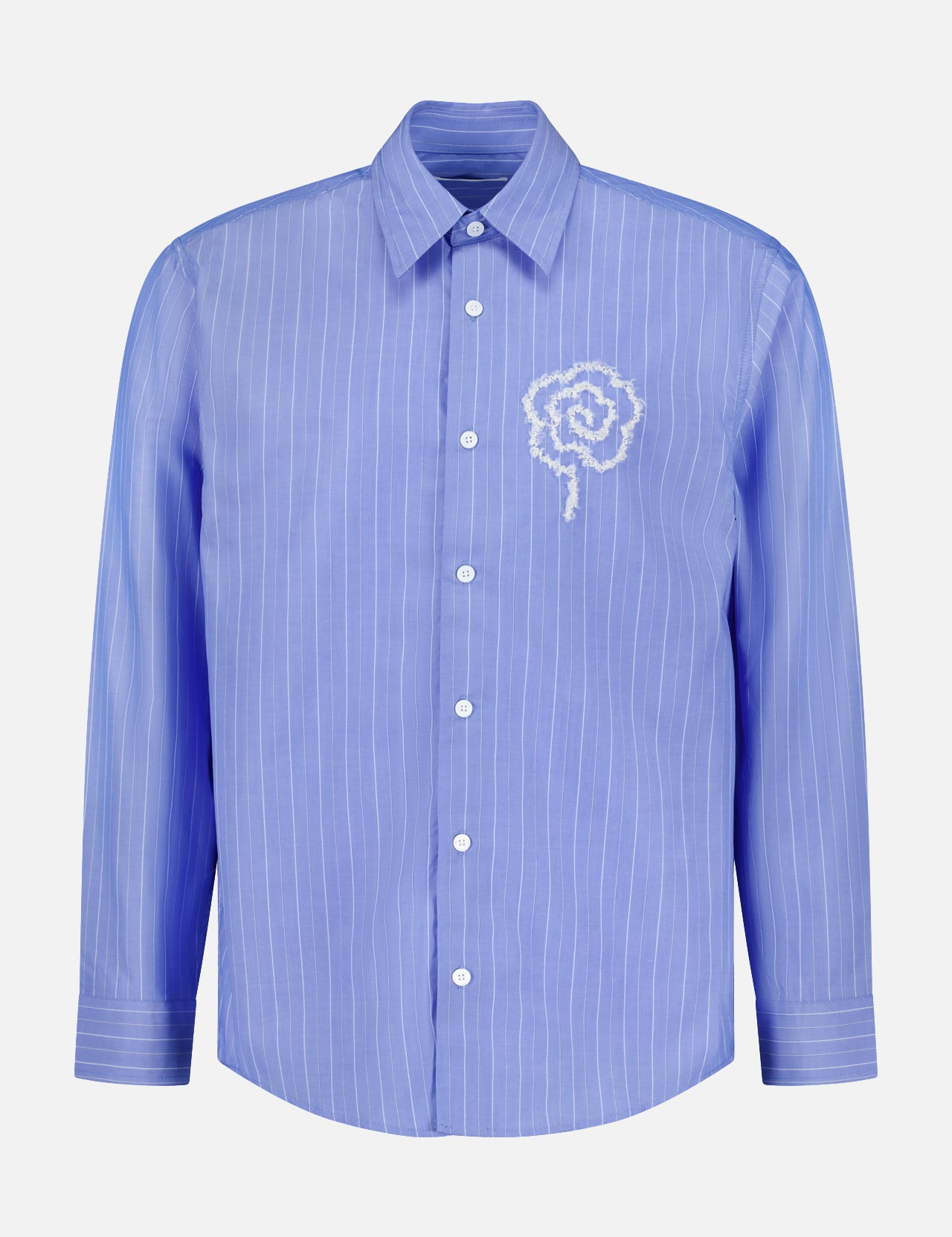 The NN07 Quinsy APP Striped Shirt is a light blue, long-sleeve button-up featuring thin, yarn-dyed white vertical stripes and a striking white embroidered spiral motif on the left chest.