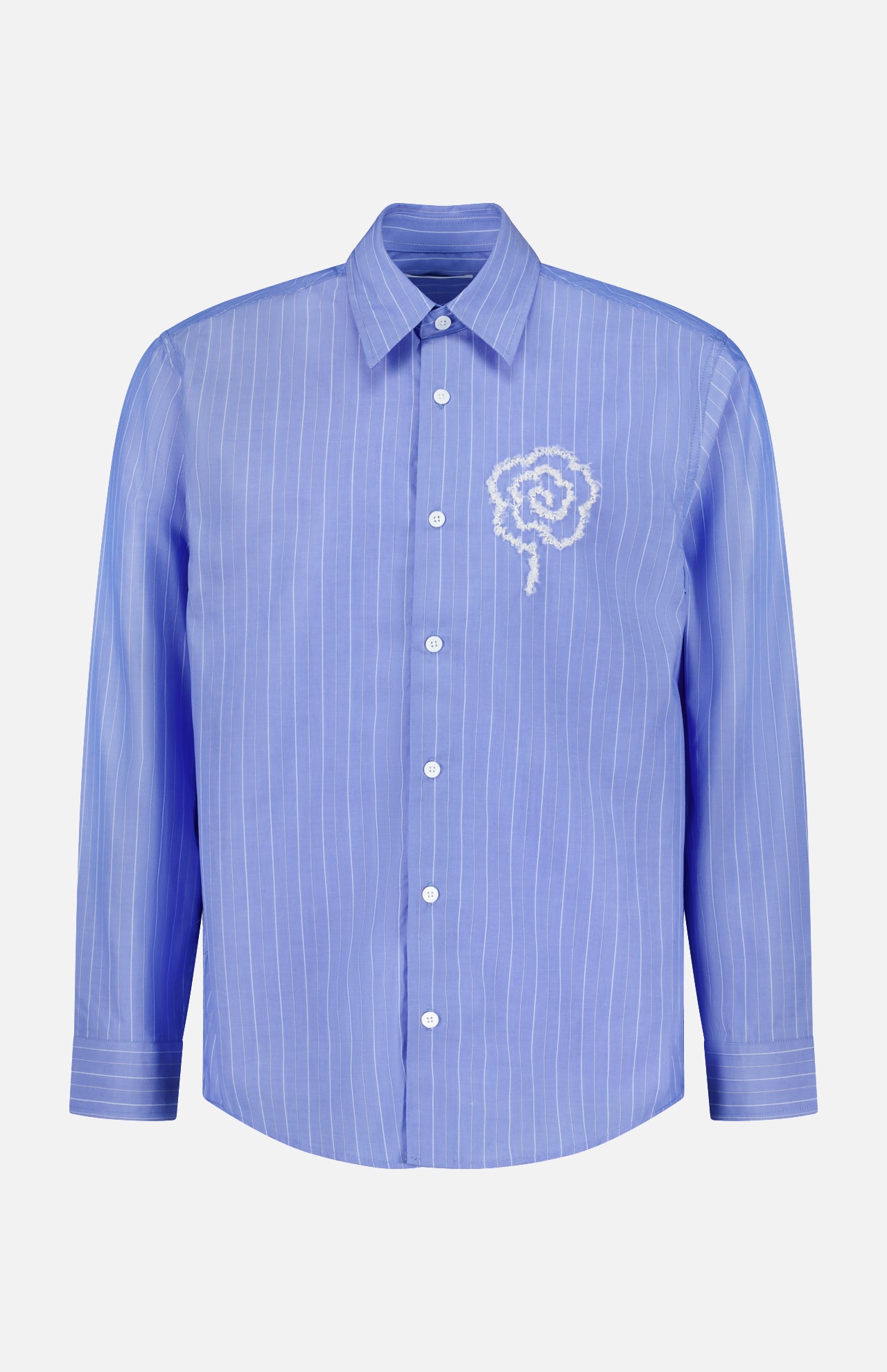 The NN07 Quinsy APP Striped Shirt is a light blue, long-sleeve button-up featuring thin, yarn-dyed white vertical stripes and a striking white embroidered spiral motif on the left chest.