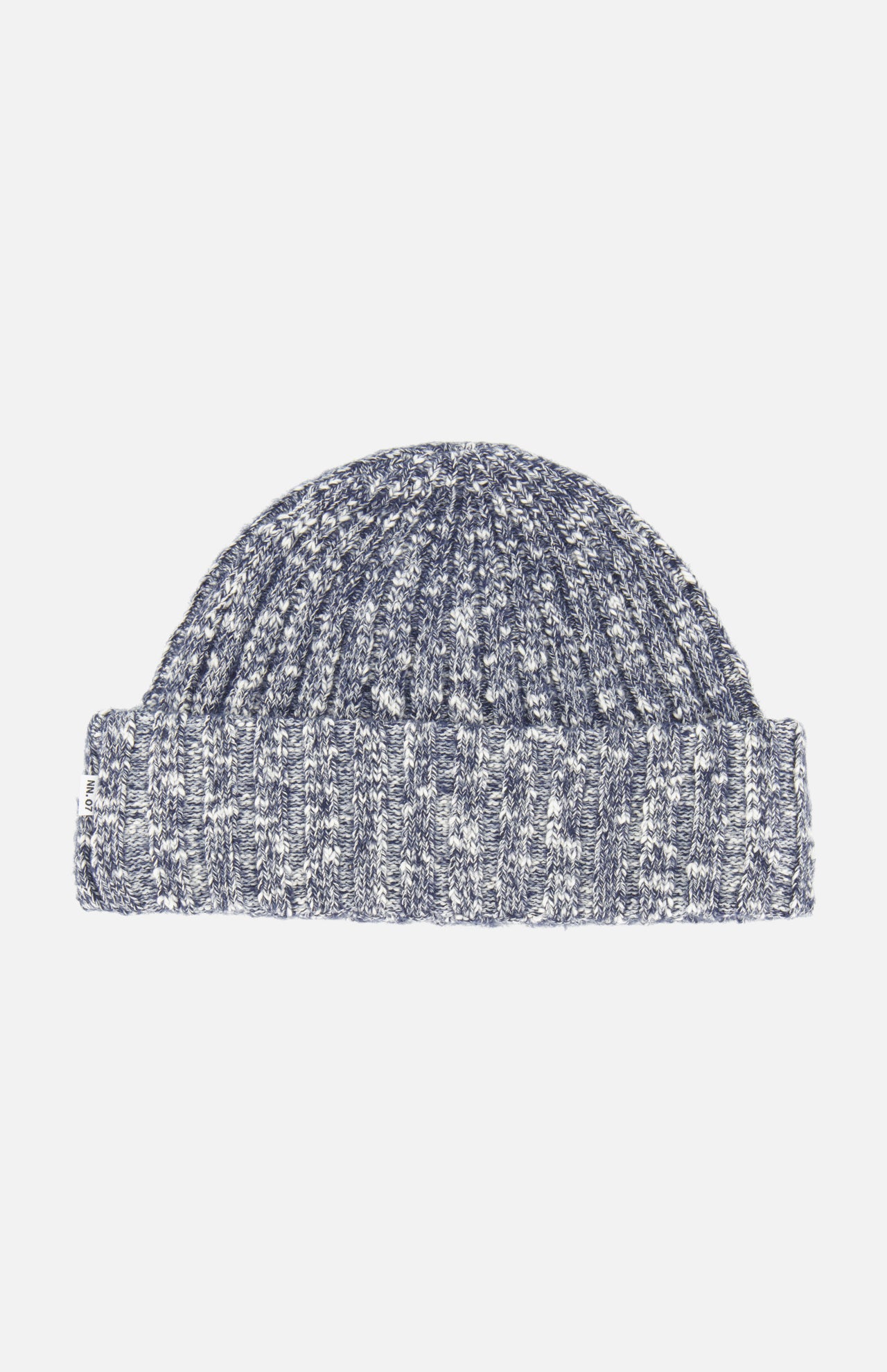 The NN07 Ribbed Beanie Hat, featuring a navy and white colorway, ribbed texture, and folded brim, is crafted from a soft cotton-blend and shown against a plain white background—making it an ideal accessory for any modern-casual wardrobe.