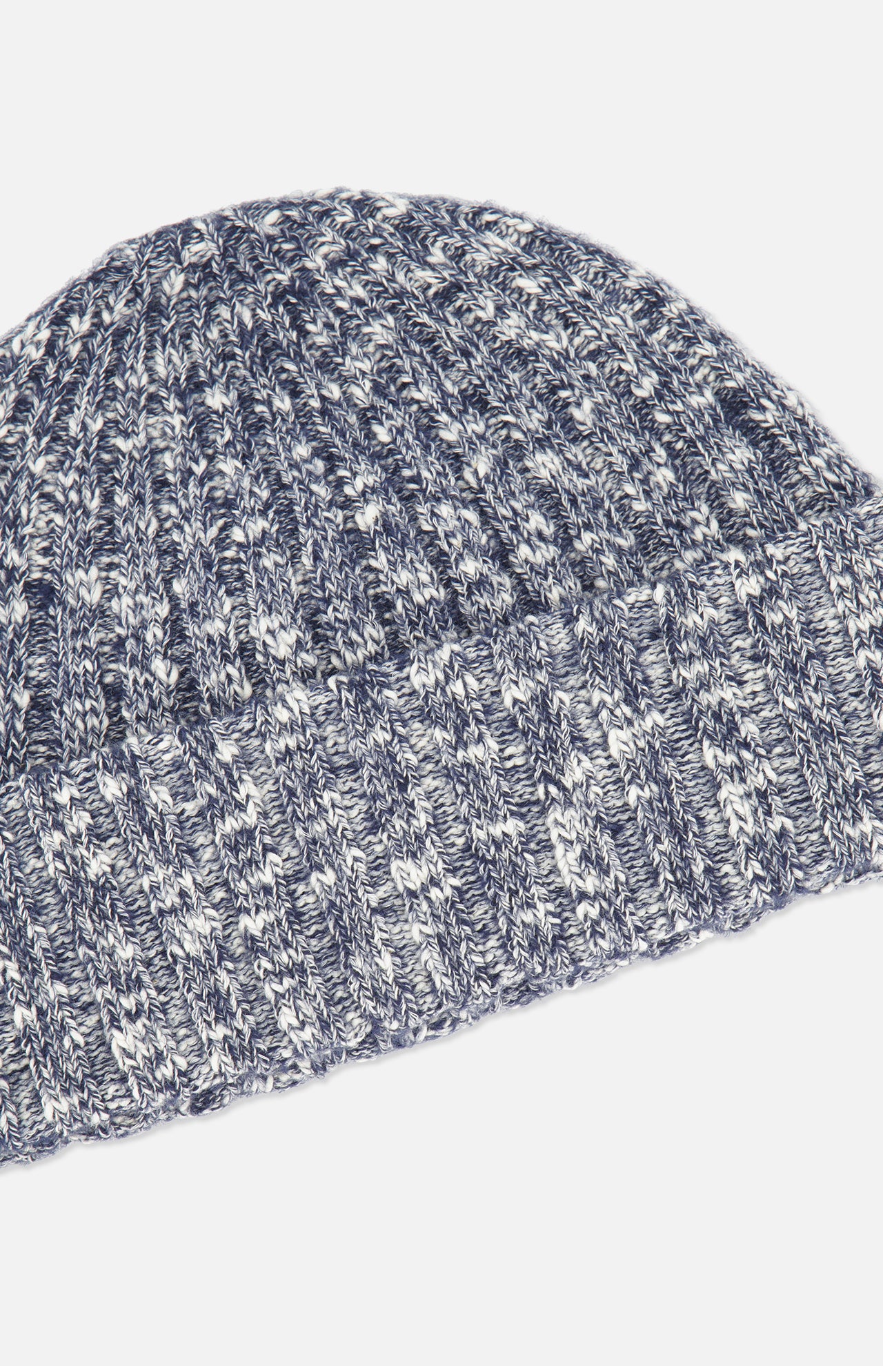 Close-up of the NN07 Ribbed Beanie Hat in navy and white, showcasing its distinct ribbed knit texture and neatly folded brim, set against a clean white background—a versatile cotton-blend accessory designed to elevate any modern-casual wardrobe.