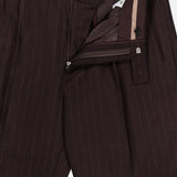 NN07 Robin Pinstripe Trouser pants in dark brown, featuring a relaxed fit, button closure, and open metal zipper.