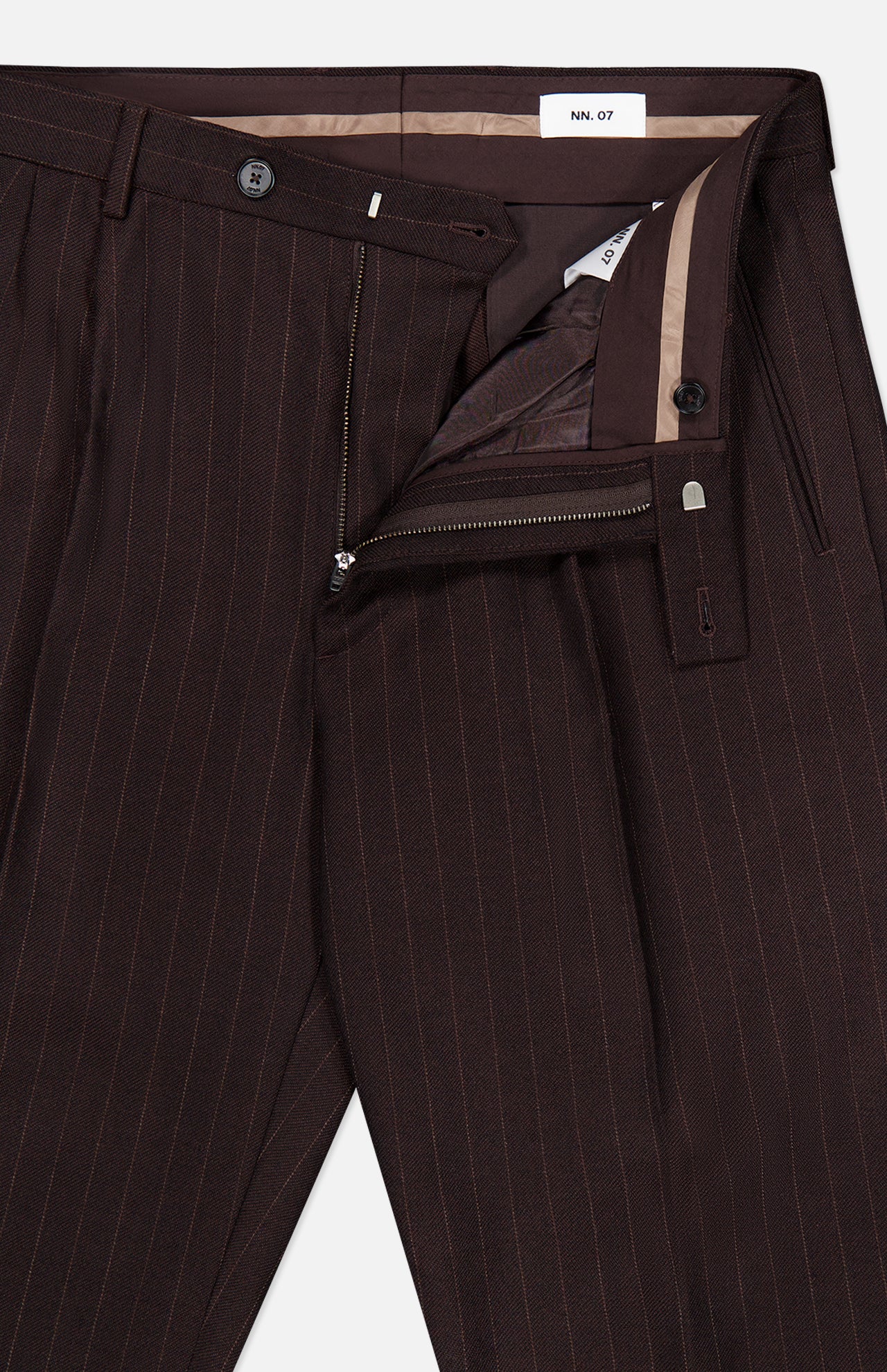 NN07 Robin Pinstripe Trouser pants in dark brown, featuring a relaxed fit, button closure, and open metal zipper.