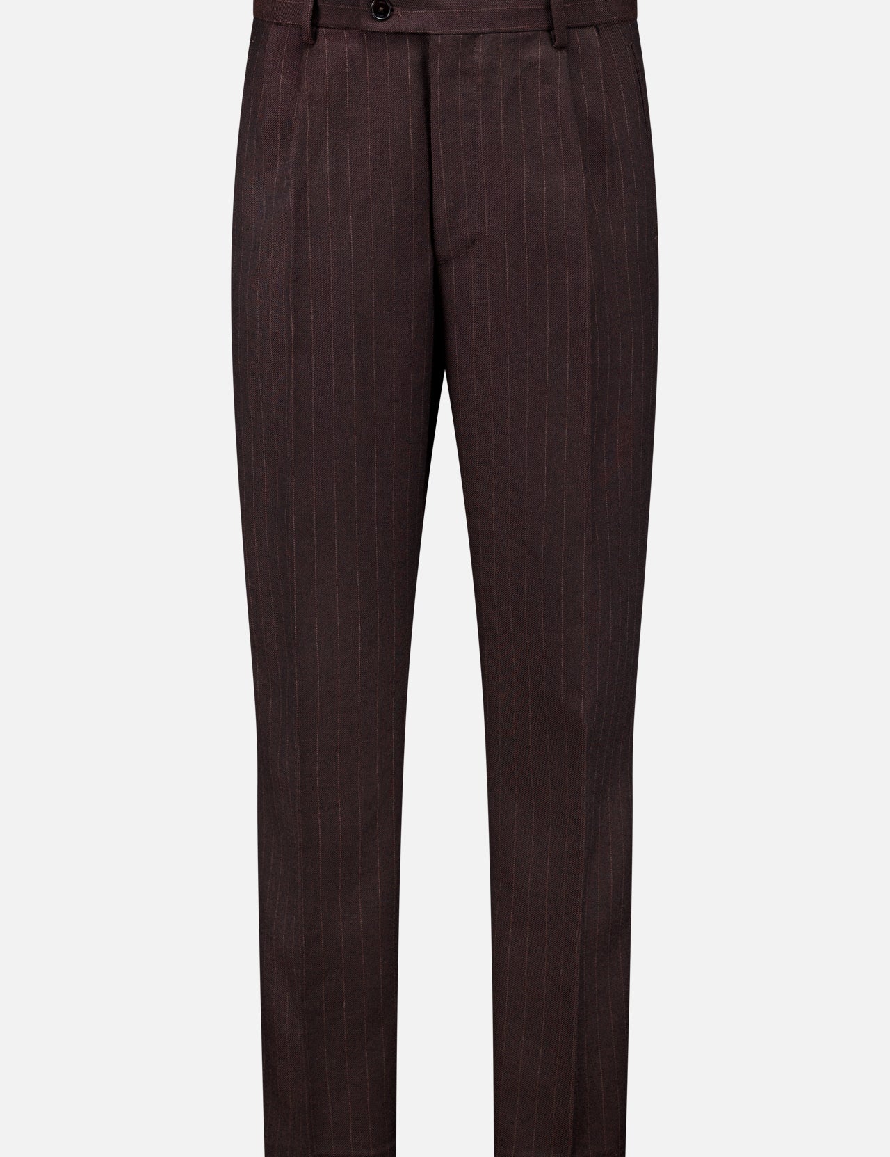 NN07 Robin Pinstripe Trouser pants in a relaxed fit, dark brown with a subtle vertical pinstripe pattern.