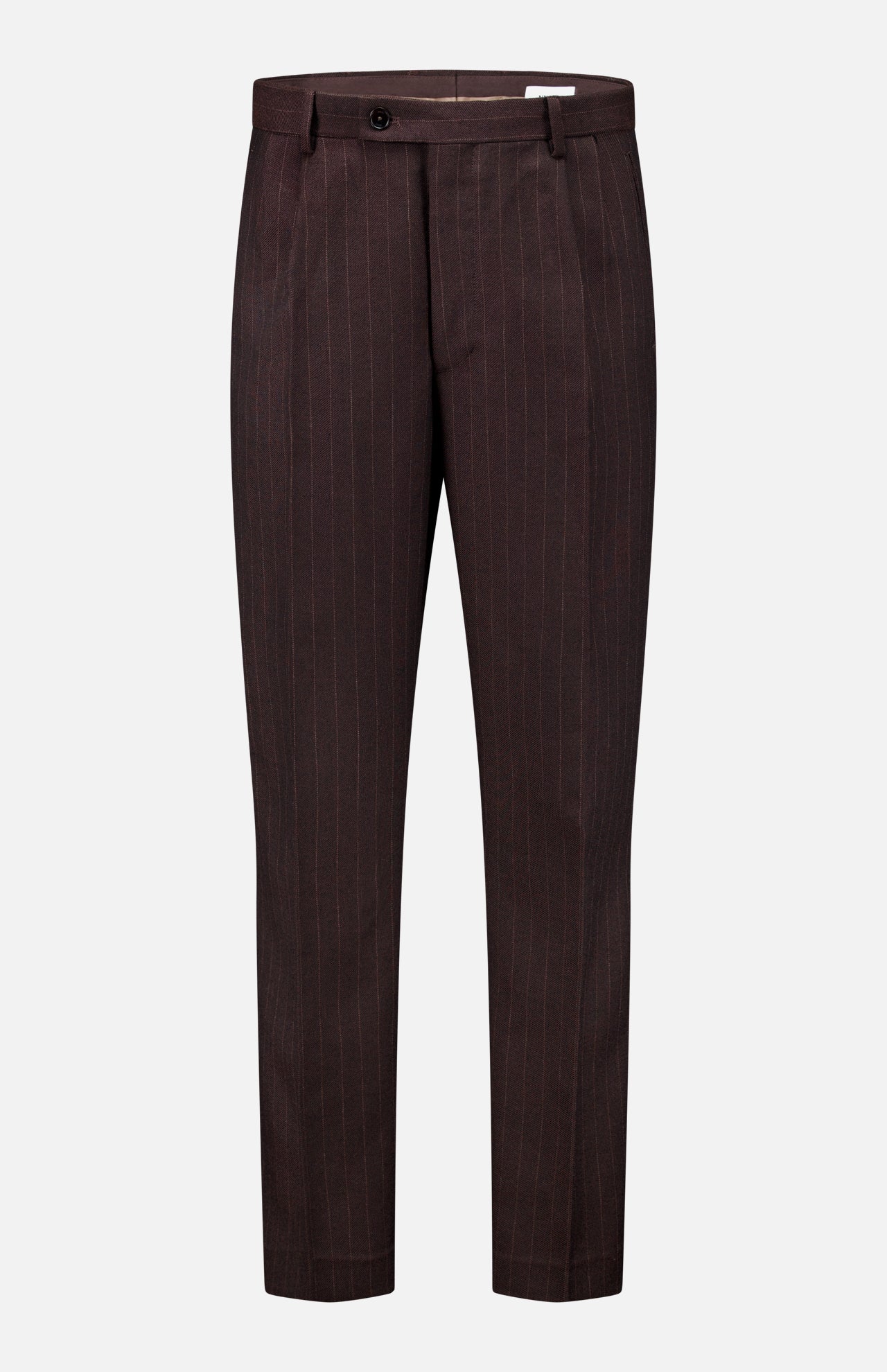 NN07 Robin Pinstripe Trouser pants in a relaxed fit, dark brown with a subtle vertical pinstripe pattern.