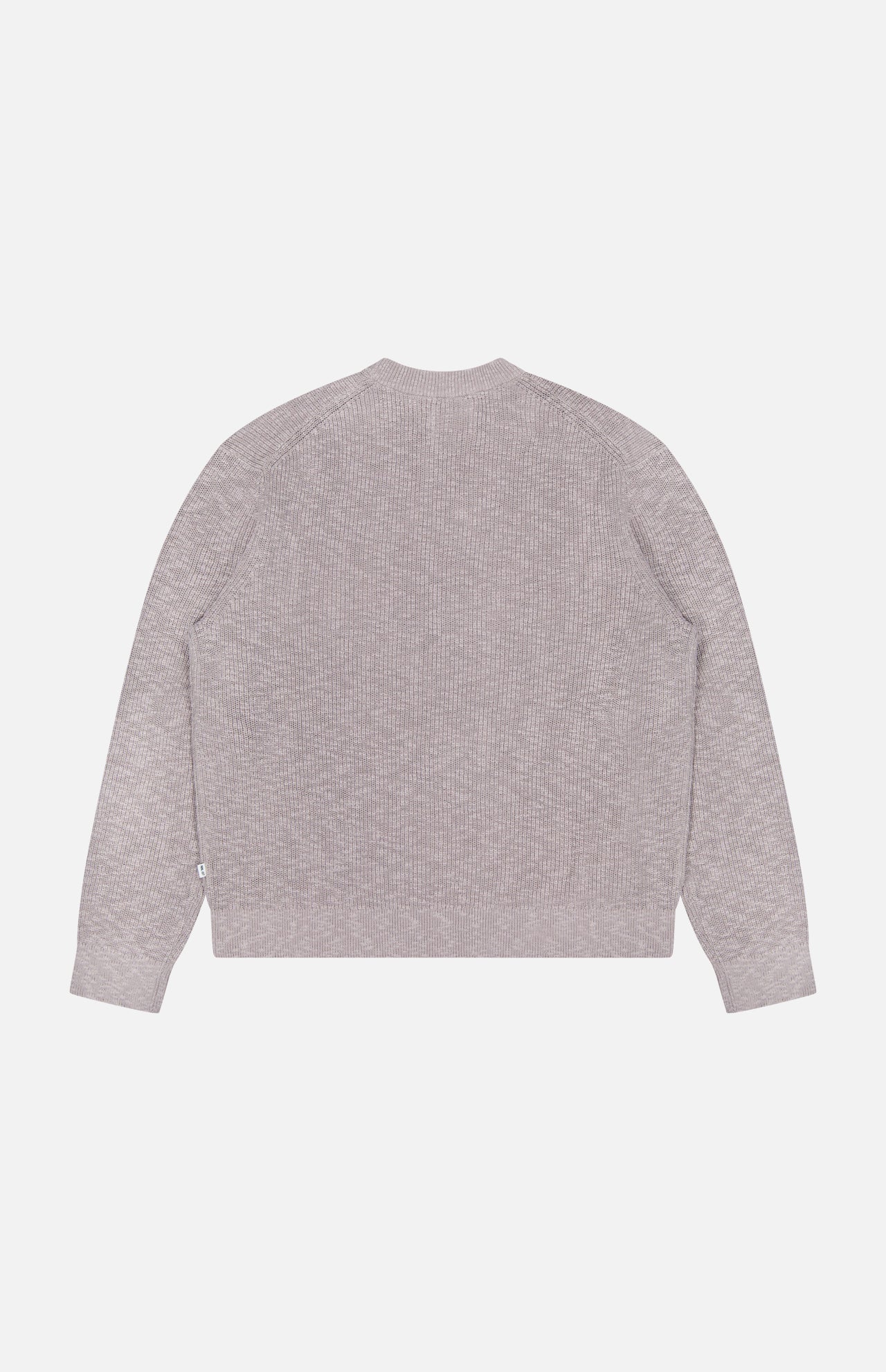 The NN07 Russell Crewneck Sweater is shown from the back in light grey, featuring long sleeves and a classic crew neck—an essential for the modern-casual wardrobe, set against a plain white background.