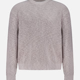 The NN07 Russell Crewneck Sweater is a light grey, long-sleeved ribbed knit crafted for a modern-casual look, shown on a plain white background.