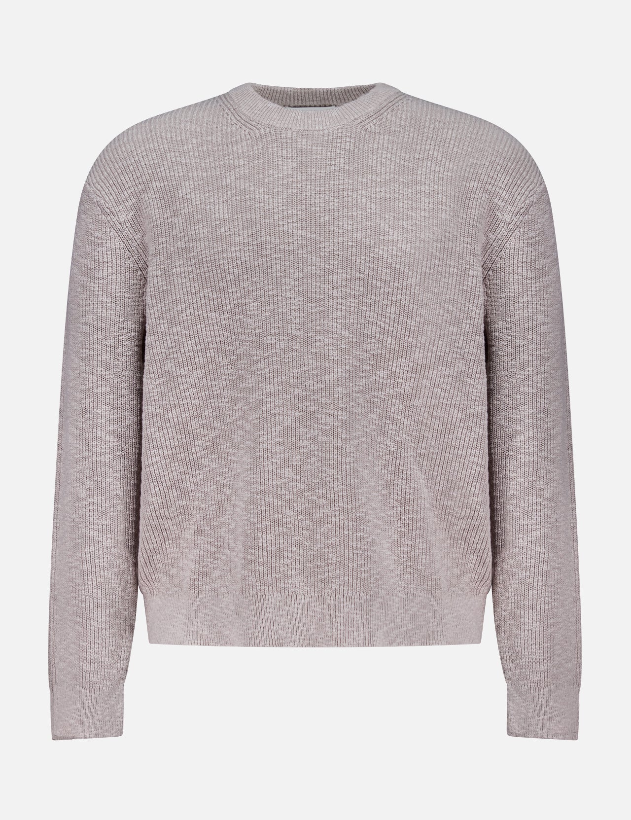The NN07 Russell Crewneck Sweater is a light grey, long-sleeved ribbed knit crafted for a modern-casual look, shown on a plain white background.