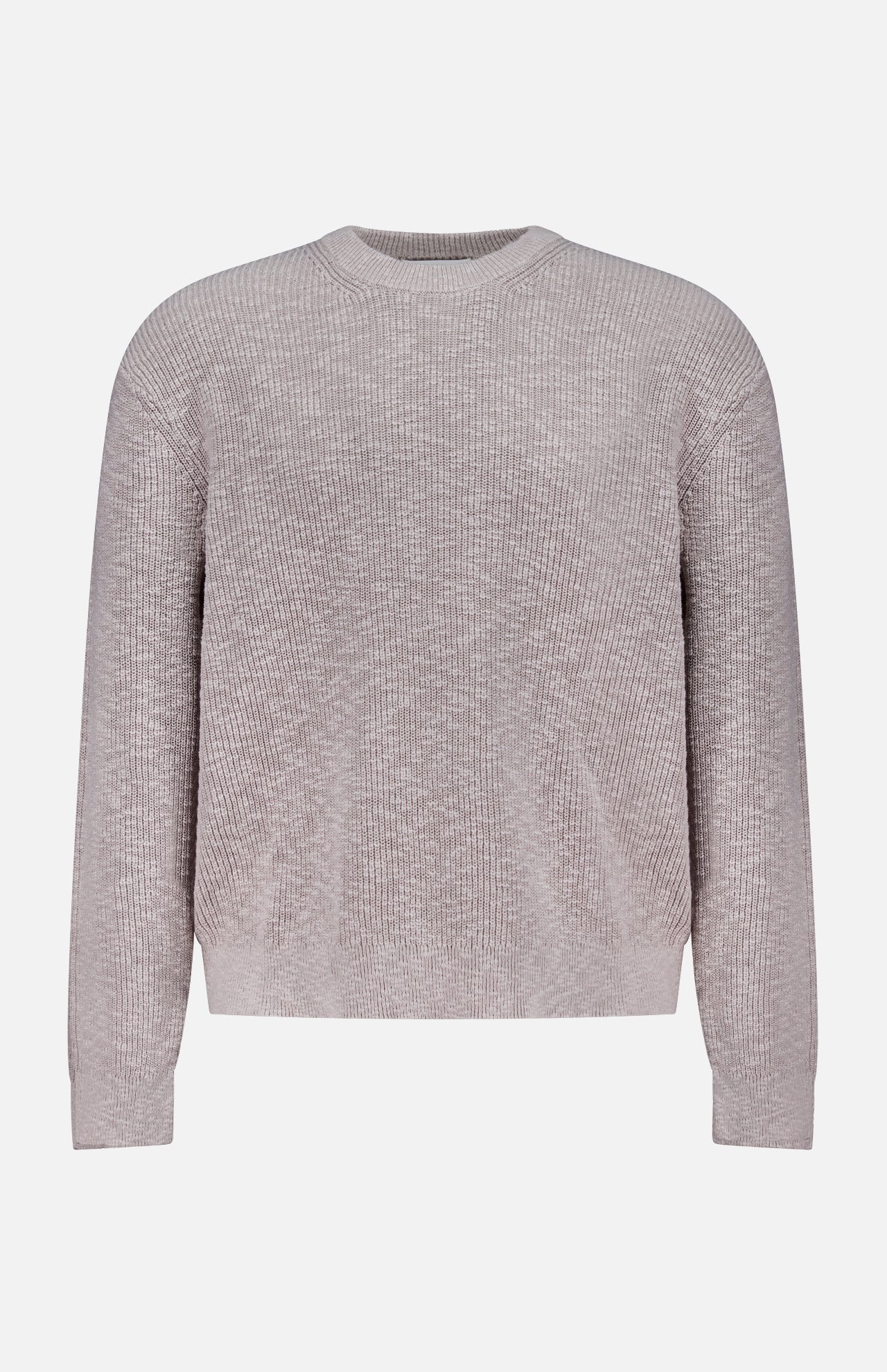 The NN07 Russell Crewneck Sweater is a light grey, long-sleeved ribbed knit crafted for a modern-casual look, shown on a plain white background.