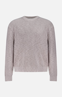 The NN07 Russell Crewneck Sweater is a light grey, long-sleeved ribbed knit crafted for a modern-casual look, shown on a plain white background.