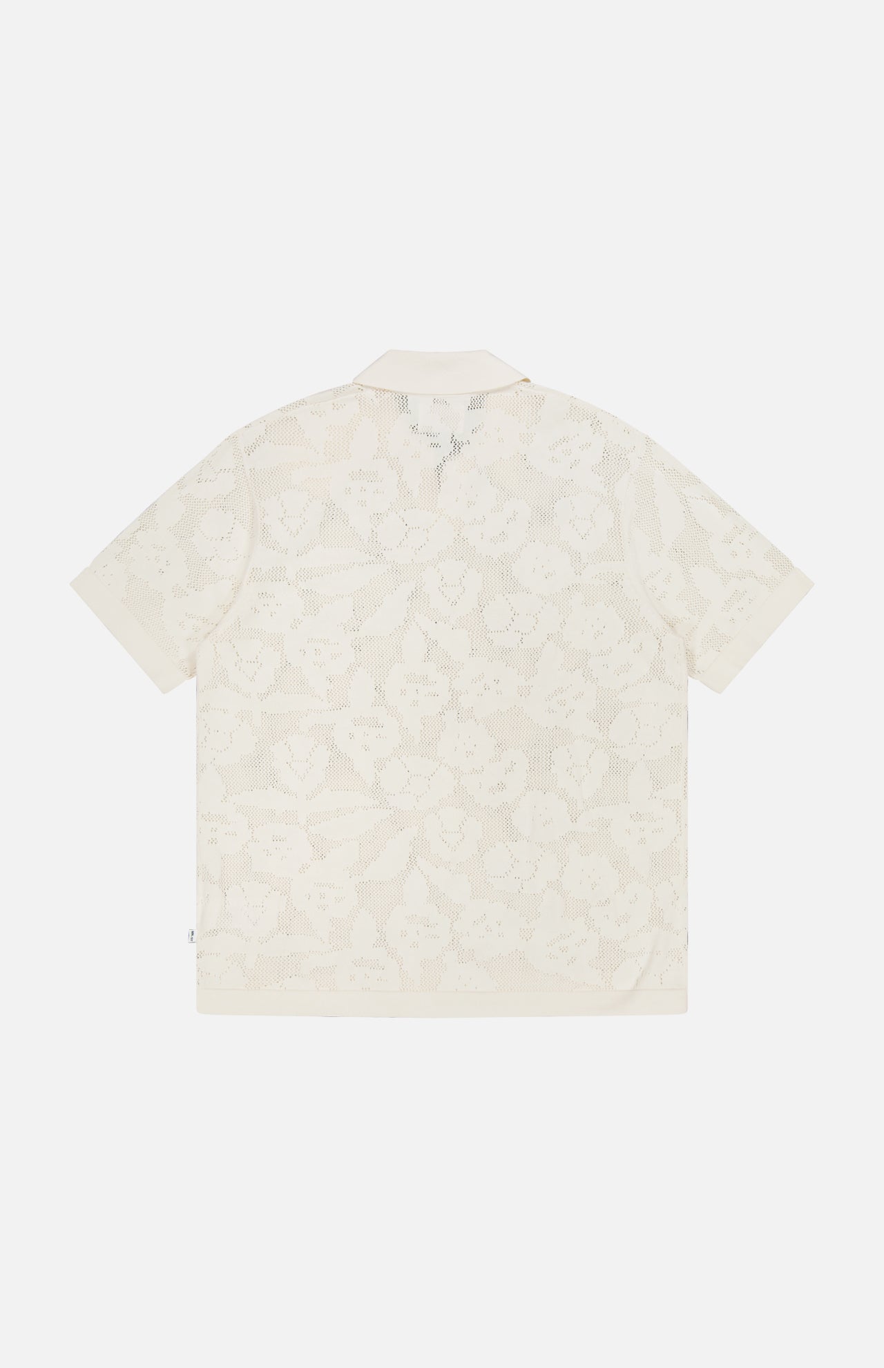 Back view of the NN07 Ryan Flower Design Short Sleeve Shirt in ivory, featuring a flower jacquard pattern and flat collar, shown on a plain white background.