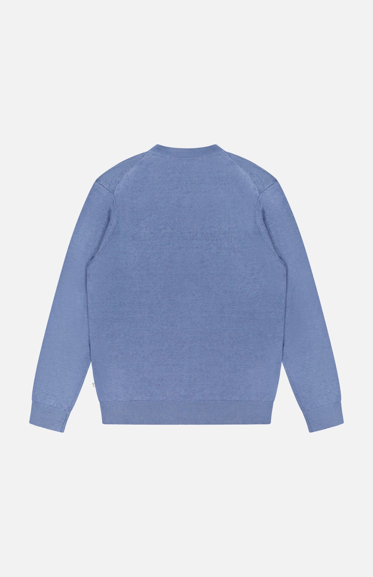 The NN07 Ted Linen Crewneck Sweater is shown from the back in light blue. This men's long sleeve pullover offers breathable comfort and everyday style against a white background.