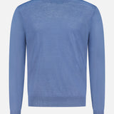 The NN07 Ted Linen Crewneck Sweater for men is shown in light blue on a plain white background, featuring long sleeves, a classic ribbed crew neck, cuffs, and hem for a simple, breathable style.
