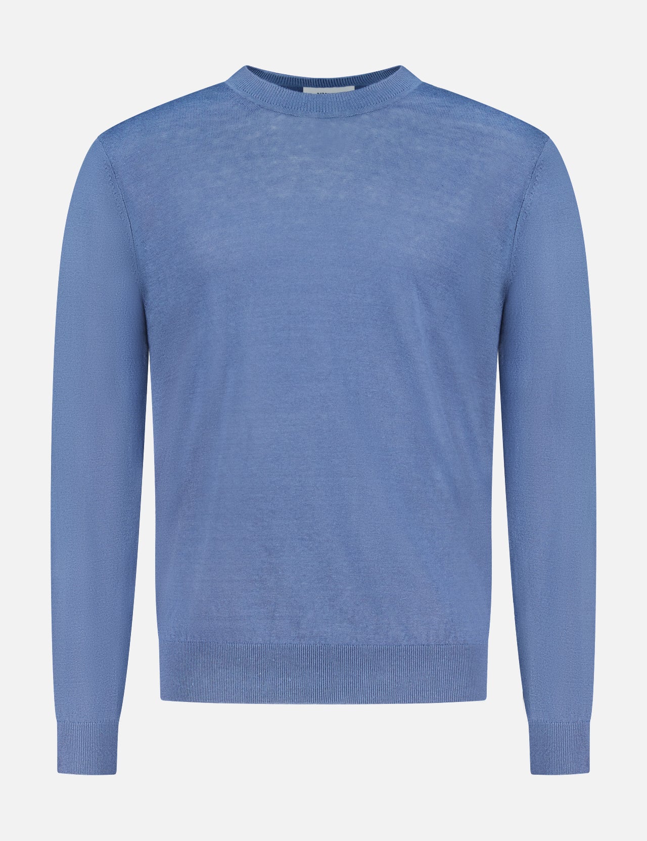 The NN07 Ted Linen Crewneck Sweater for men is shown in light blue on a plain white background, featuring long sleeves, a classic ribbed crew neck, cuffs, and hem for a simple, breathable style.