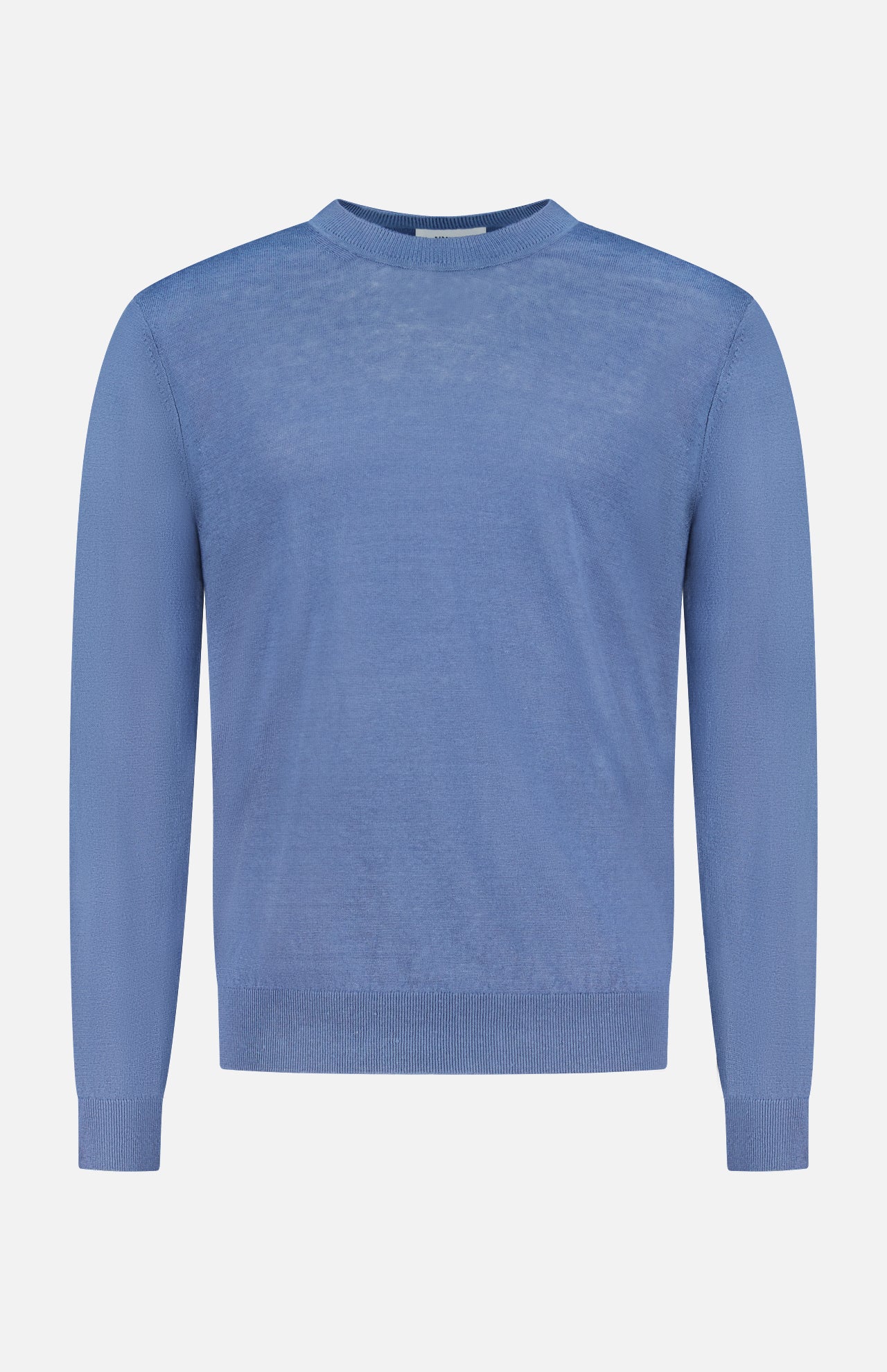 The NN07 Ted Linen Crewneck Sweater for men is shown in light blue on a plain white background, featuring long sleeves, a classic ribbed crew neck, cuffs, and hem for a simple, breathable style.