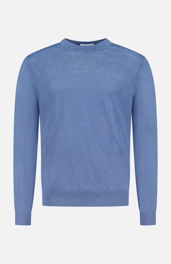 The NN07 Ted Linen Crewneck Sweater for men is shown in light blue on a plain white background, featuring long sleeves, a classic ribbed crew neck, cuffs, and hem for a simple, breathable style.