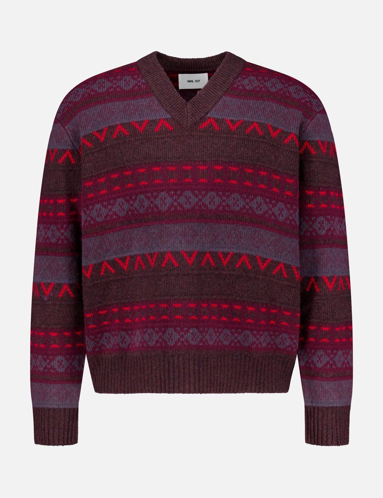 Introducing the Tobias V-Neck Sweater by NN07—a striking berry colorway sweater featuring red, maroon, and purple geometric Fair Isle patterns. This modern-casual piece boasts a maroon and purple V-neck design with long sleeves, making it an eye-catching addition to your wardrobe. Shown against a plain white background.