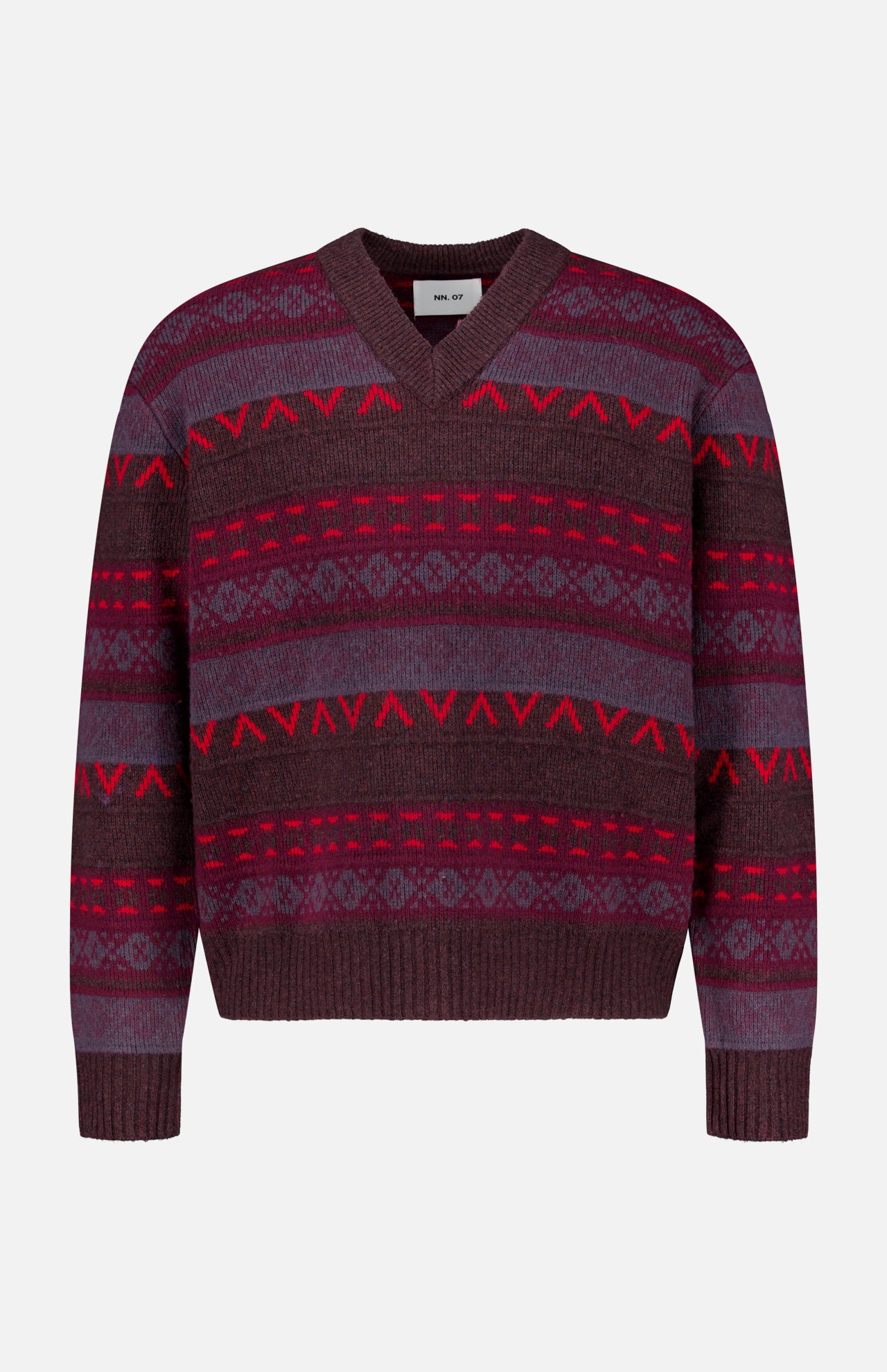 Introducing the Tobias V-Neck Sweater by NN07—a striking berry colorway sweater featuring red, maroon, and purple geometric Fair Isle patterns. This modern-casual piece boasts a maroon and purple V-neck design with long sleeves, making it an eye-catching addition to your wardrobe. Shown against a plain white background.