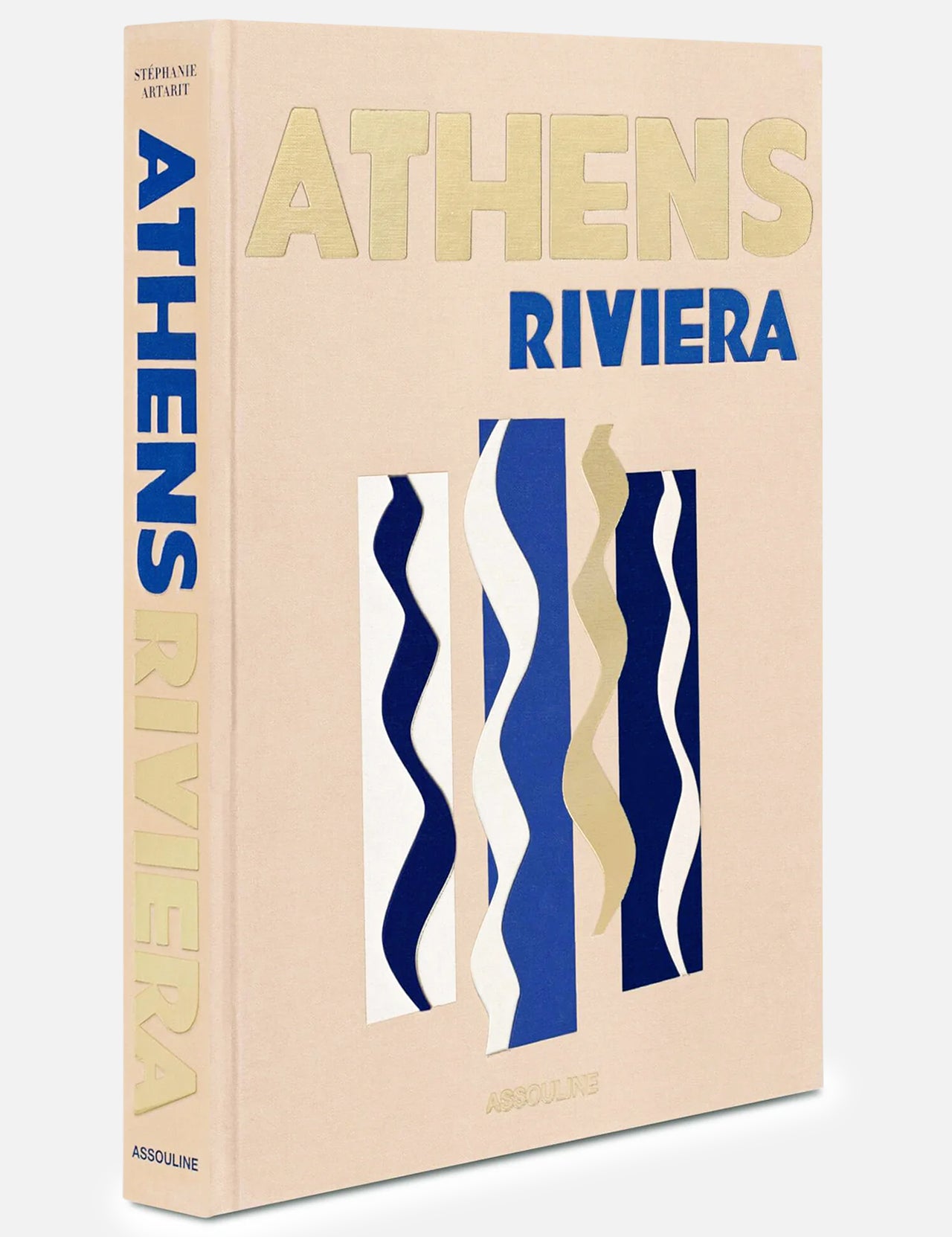 A beige hardcover book by ASSOULINE titled “Athens Riviera,” featuring gold and blue text with abstract wavy blue and white designs on the cover and spine, celebrates the captivating Athens Riviera and Greece’s renowned luxury hotels like the iconic Four Seasons Astir Palace.