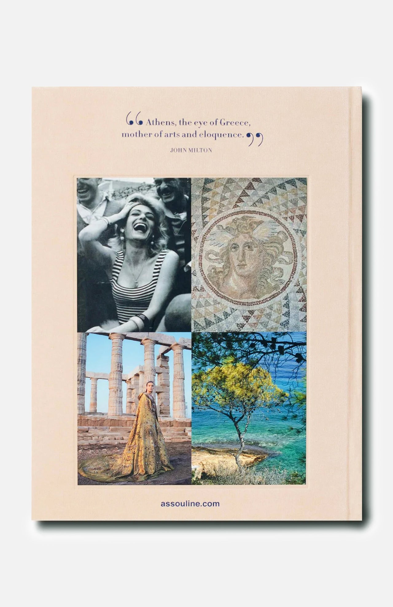 Book cover of “Athens Riviera” by ASSOULINE features four images: a smiling woman, an ancient mosaic, Greek ruins, and a landscape with a tree and sheep. A John Milton quote about Athens appears at the top, while assouline.com is displayed at the bottom.