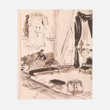 Black and white sketch of an elegant room, with draped curtains, ornate furniture, and a reclining figure. A large framed mirror reflects luxe minimalism and intricate details inspired by ASSOULINE’s "Chanel: The Impossible Collection.