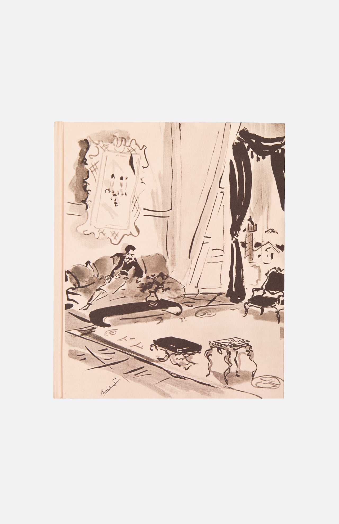 Black and white sketch of an elegant room, with draped curtains, ornate furniture, and a reclining figure. A large framed mirror reflects luxe minimalism and intricate details inspired by ASSOULINE’s "Chanel: The Impossible Collection.