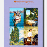 Here’s a revised sentence using your product data: A lavender book cover titled “Provence Glory” by ASSOULINE, featuring four evocative images—a boat drifting on water, an outdoor dining table, a tall cypress tree painting, and a figure riding horseback—captures the tranquil allure of Provence. At the top, a Cézanne quote inspired by the radiant beauty of the South of France appears in bold red and orange lettering.