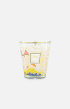 The BAOBAB COLLECTION Cote d’Azur Max 16 Candle features a decorative glass holder with colorful, patterned designs by Thierry Larcher, depicting buildings, flowers, and abstract elements.