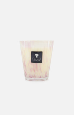 The Pearls White Max 16 by BAOBAB COLLECTION is a decorative scented candle in a pastel shade, housed in a translucent marbled glass holder with a black BAOBAB COLLECTION label on the front.