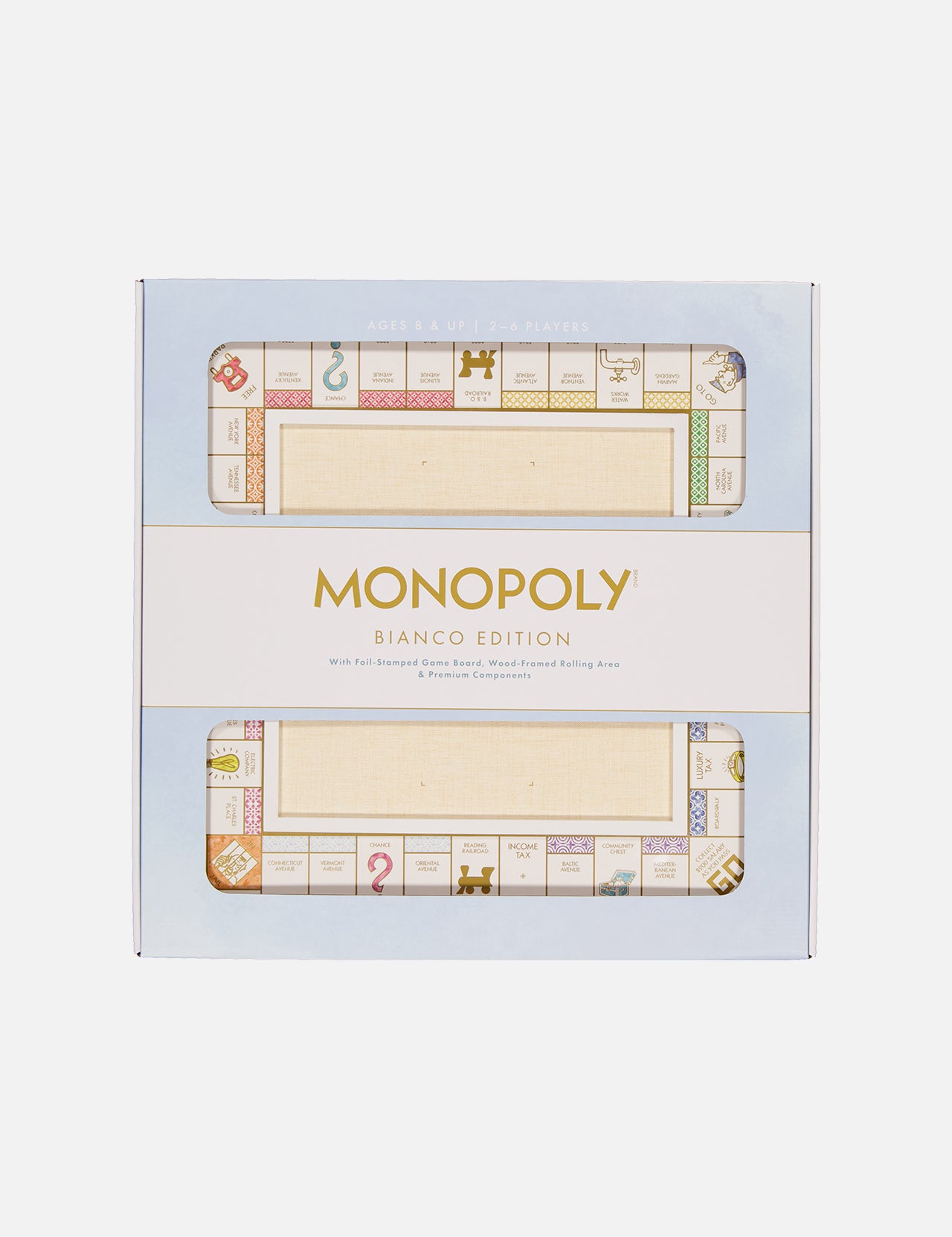 Box of Monopoly Bianco Edition Game by W.S. Game Company, showcasing a minimalist white and pastel design, the Monopoly logo, an elegant game board, and a glimpse of the collectible set on its packaging.