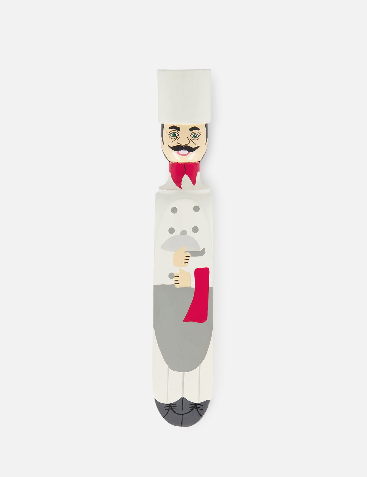 The 'Ramsey' Wood Door Stopper by WEDGIE is a hand-painted kitchen décor piece featuring a chef with a white hat, red scarf, and pizza peel—an adorable and practical addition to your home.