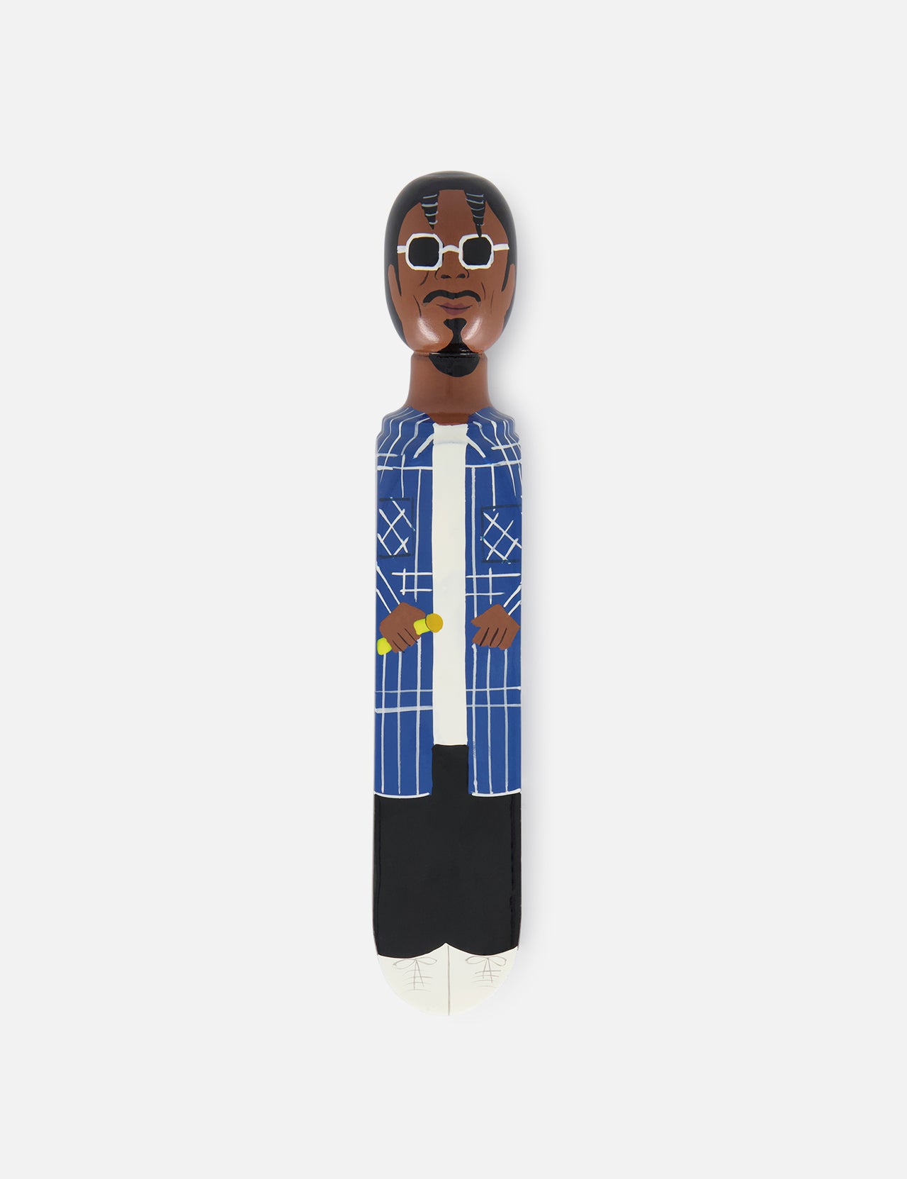WEDGIE's 'Stoop Dog' Wood Door Stopper is a hand-painted figurine with brown skin, glasses, a beard, blue and white plaid shirt, white top, and black pants—perfect as a unique doorstop for any plain white background.