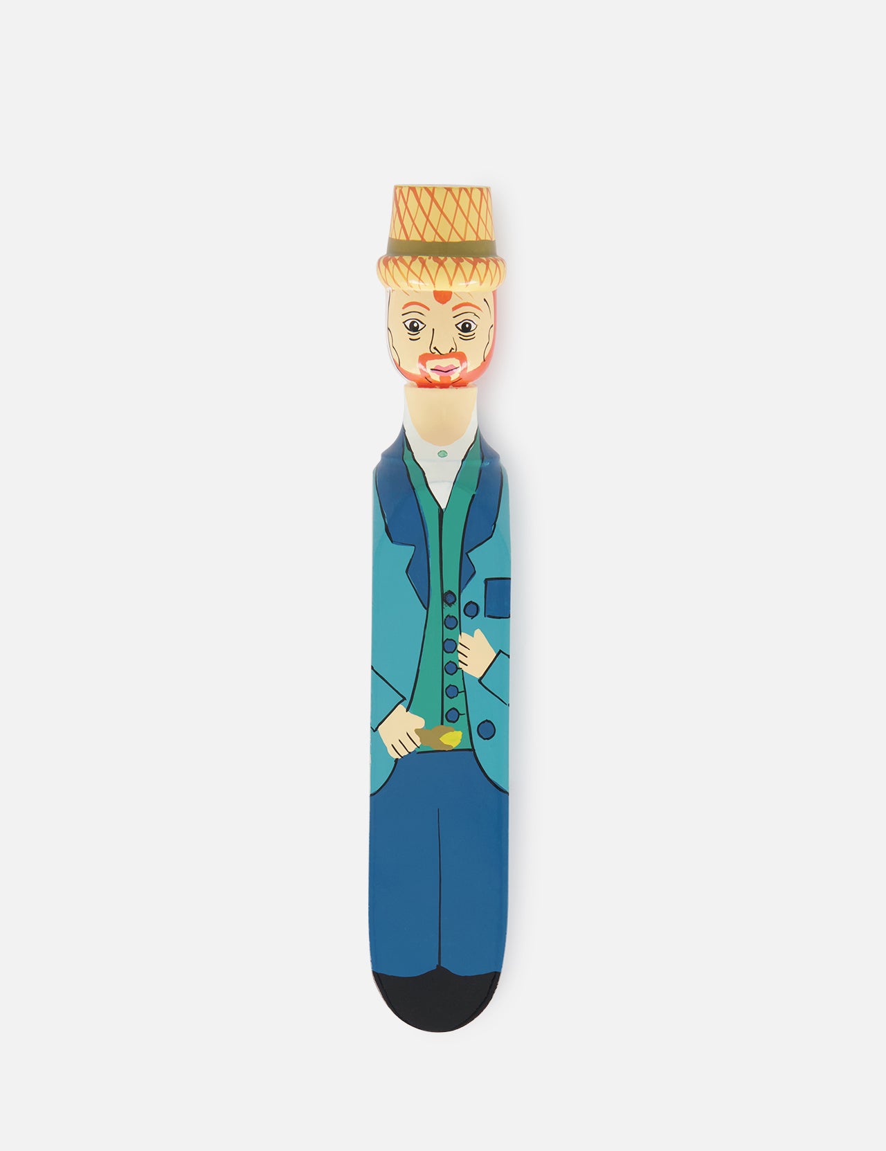 The ‘Vinnie’ Wood Door Stopper by WEDGIE is a colorful, van Gogh-inspired accessory shaped like a person in a blue suit, green vest, straw hat, with a mustache and red beard—set against a plain white background.