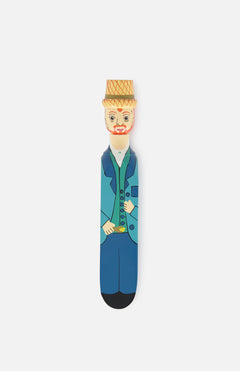 The ‘Vinnie’ Wood Door Stopper by WEDGIE is a colorful, van Gogh-inspired accessory shaped like a person in a blue suit, green vest, straw hat, with a mustache and red beard—set against a plain white background.