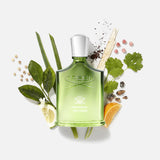 A green bottle of CREED Original Vetiver sits among citrus slices, green leaves, coriander seeds, peppercorns, and vetiver grass, emphasizing the signature fresh vetiver fragrance on a white background.