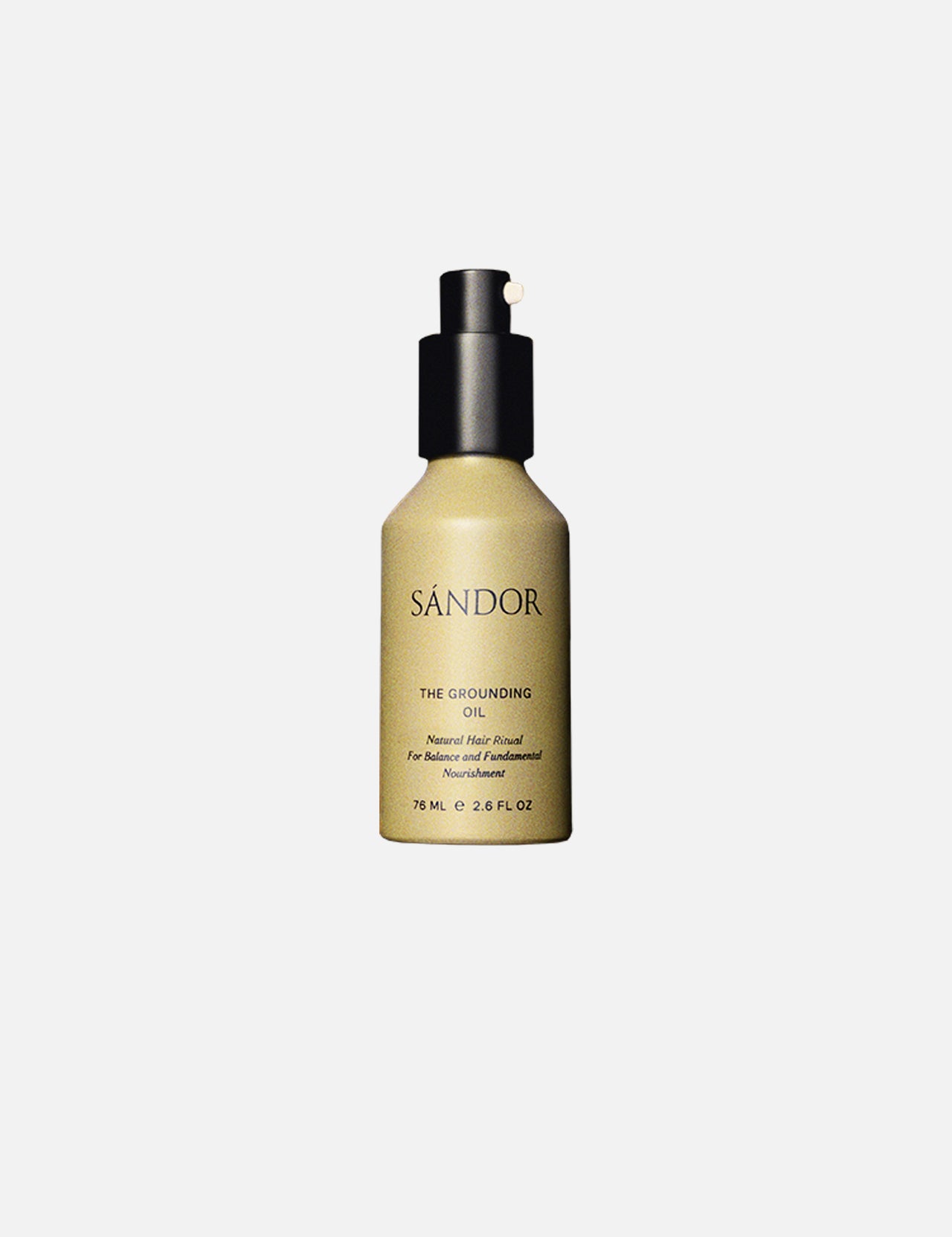 A beige bottle of SÁNDOR The Grounding Oil, a plant-based hair oil with a black pump and minimalist black text, shown against a plain white background.