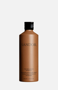 A 250 ml brown bottle of SÁNDOR The Grounding Shampoo with a black cap features minimalist black text. This plant-based shampoo nourishes the scalp and is formulated with organic aloe vera for gentle care.