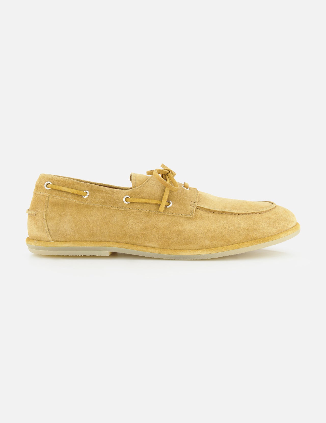 The OFFICINE CREATIVE Love Suede Lace Up Boat Loafer features tan suede, leather laces, metal eyelets, and a white sole, shown in profile on a plain white background. Made in Italy.