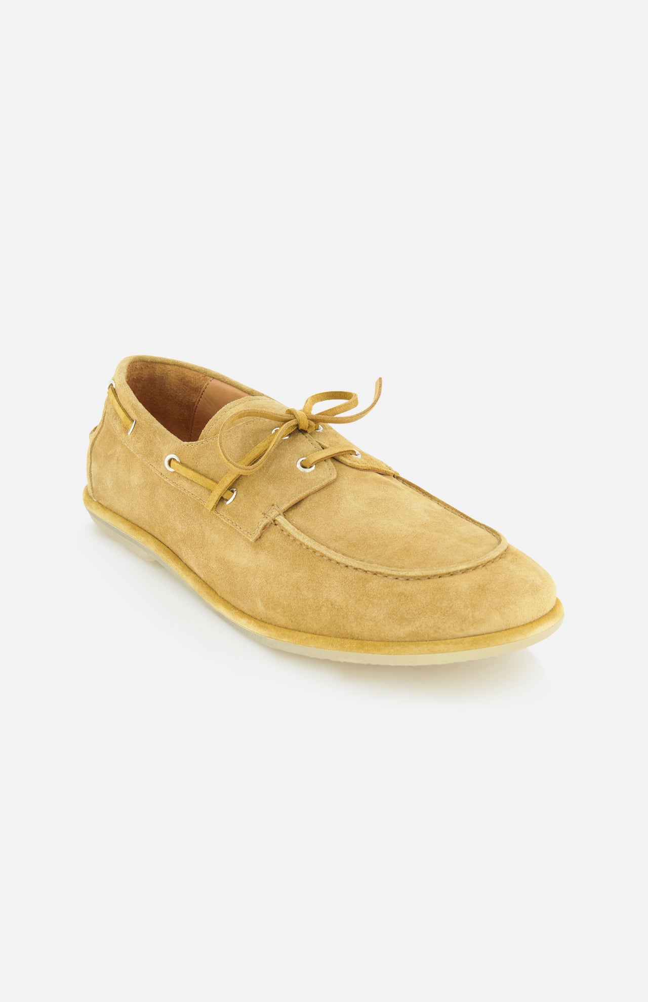 The OFFICINE CREATIVE Love Suede Lace Up Boat Loafer is a tan suede Italian-made shoe with white stitching, lace-up front, and rubber sole, shown on a white background.